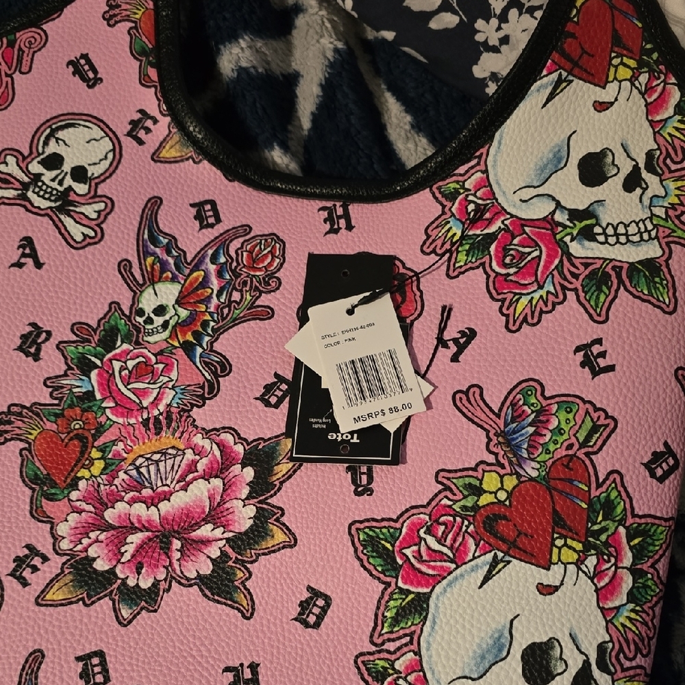 Ed Hardy Pink Skull & Rose Graphic Shoulder Bag with Black Handles - Picture 6 of 6